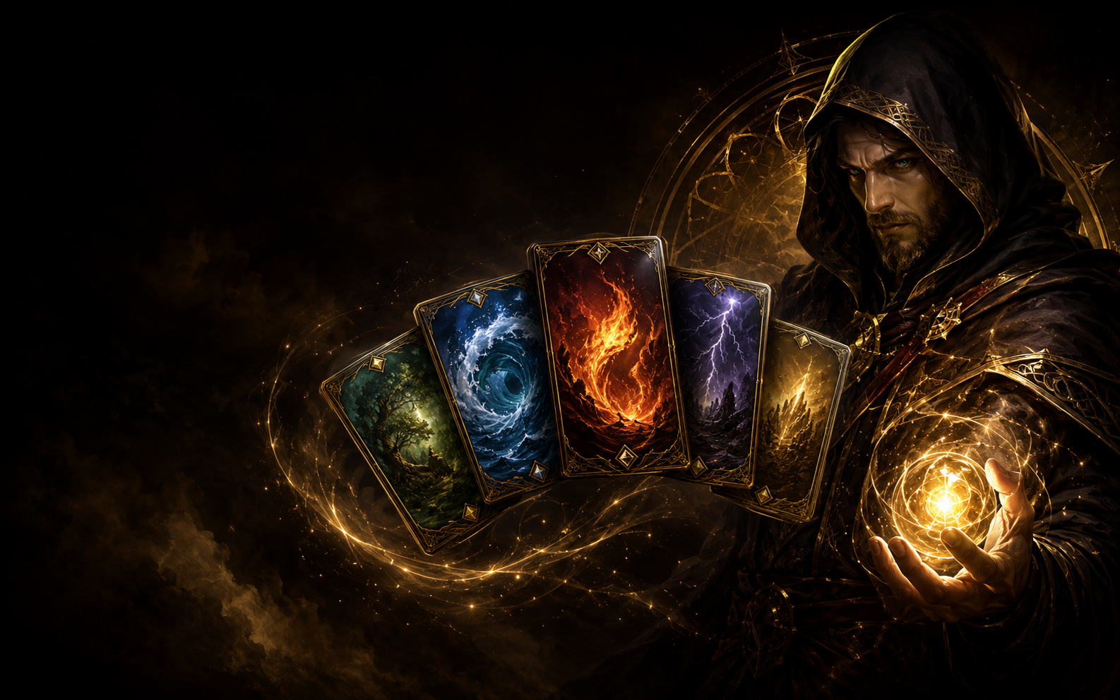 Arte fantasia genérica com mago e cartas elementais